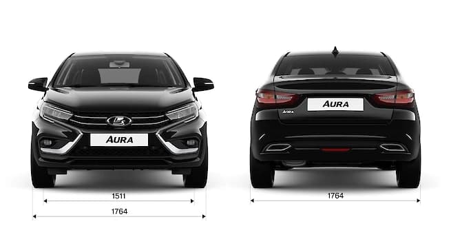 LADA Aura — габариты спереди и сзади: ширина 1764 мм, колея 1511/1515 мм