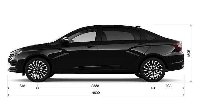 LADA Aura — габариты сбоку: длина 4690 мм, высота 1505 мм, колёсная база 2885 мм