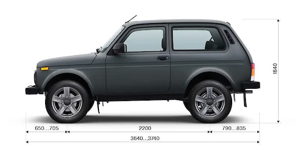 LADA Niva Legend 3 двери — габариты сбоку: 3740×1680×1640 мм